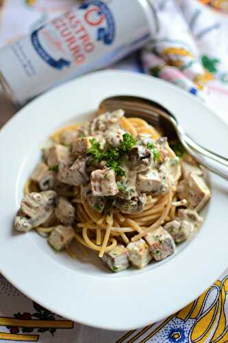 Spaghetti tofu fumé champignons moutarde à l'ancienne et crème