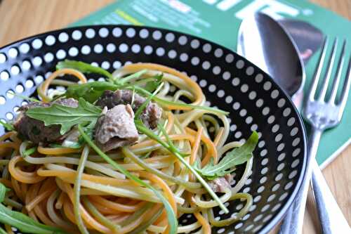 Spaghetti tricolores au thon citron confit et roquette