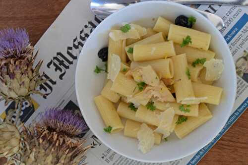 Pâtes coeurs d'artichaut olives noires citron parmesan végétarien