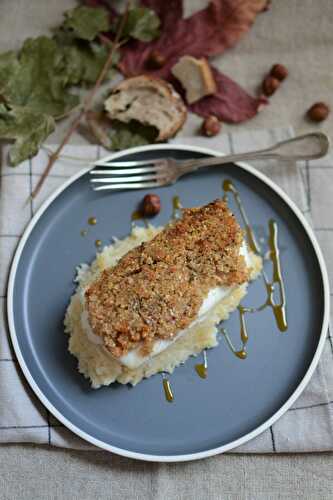 Purée de céleri et dos de cabillaud crumble chapelure noisettes