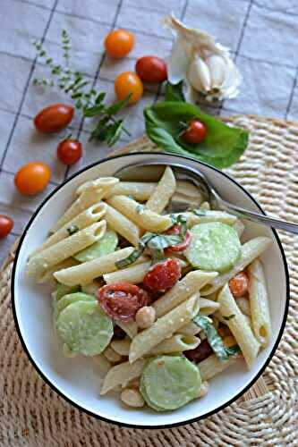 Salade de pâtes, concombre, tomates, pois chiches et citron #veg