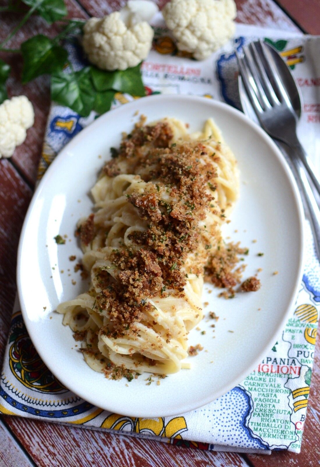 Spaghetti crème de chou fleur et chapelure croustillante #végétarien
