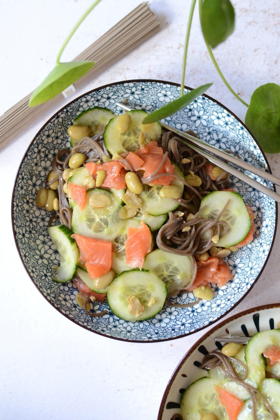 Salade de soba, concombre, édamames et truite fumée
