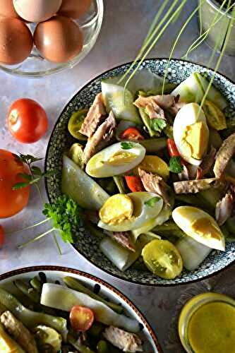 Salade de haricots, tomates, concombre, oeufs et maquereaux