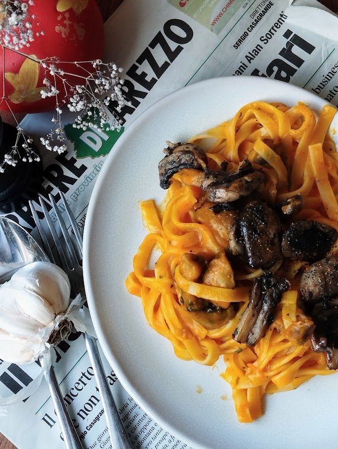 Pâtes sauce potimarron et champignons #végétarien