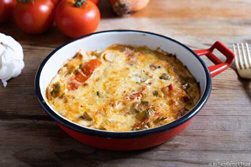 Gratin aux poivrons, coeur de palmier et olives vertes