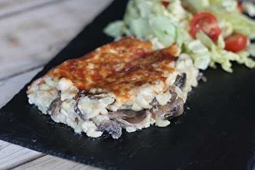 Gratin de coquillettes béchamel & champignons au fromage fumé