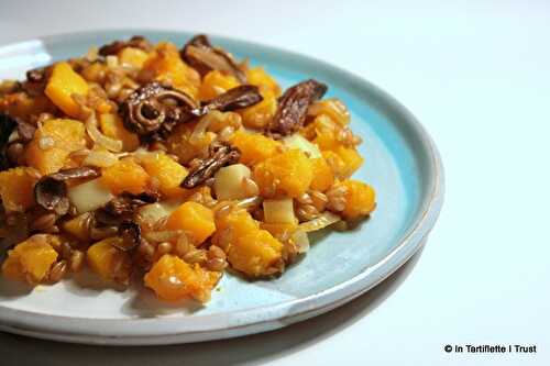 Poêlée de petit épeautre à la courge, aux cèpes & au beaufort