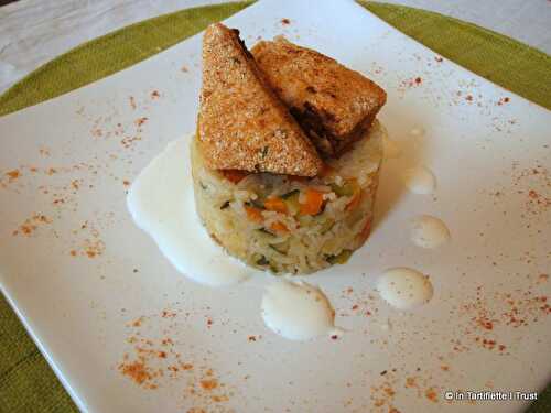 Poisson pané et son riz cuisiné aux légumes