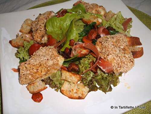 Salade au munster pané aux noisettes, carottes caramélisées au balsamique et jambon cru - In Tartiflette I Trust