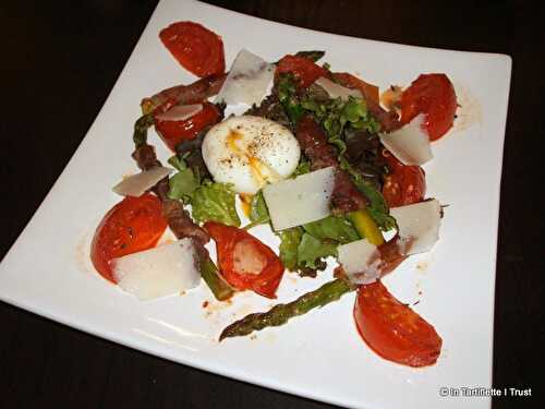 Salade d'asperges poêlées au jambon de Parme, oeuf mollet et tomates confites