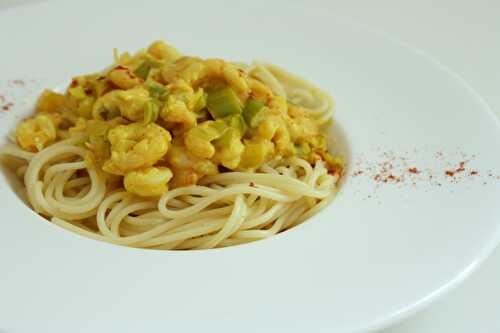 Spaghettis aux crevettes & poireaux à la crème