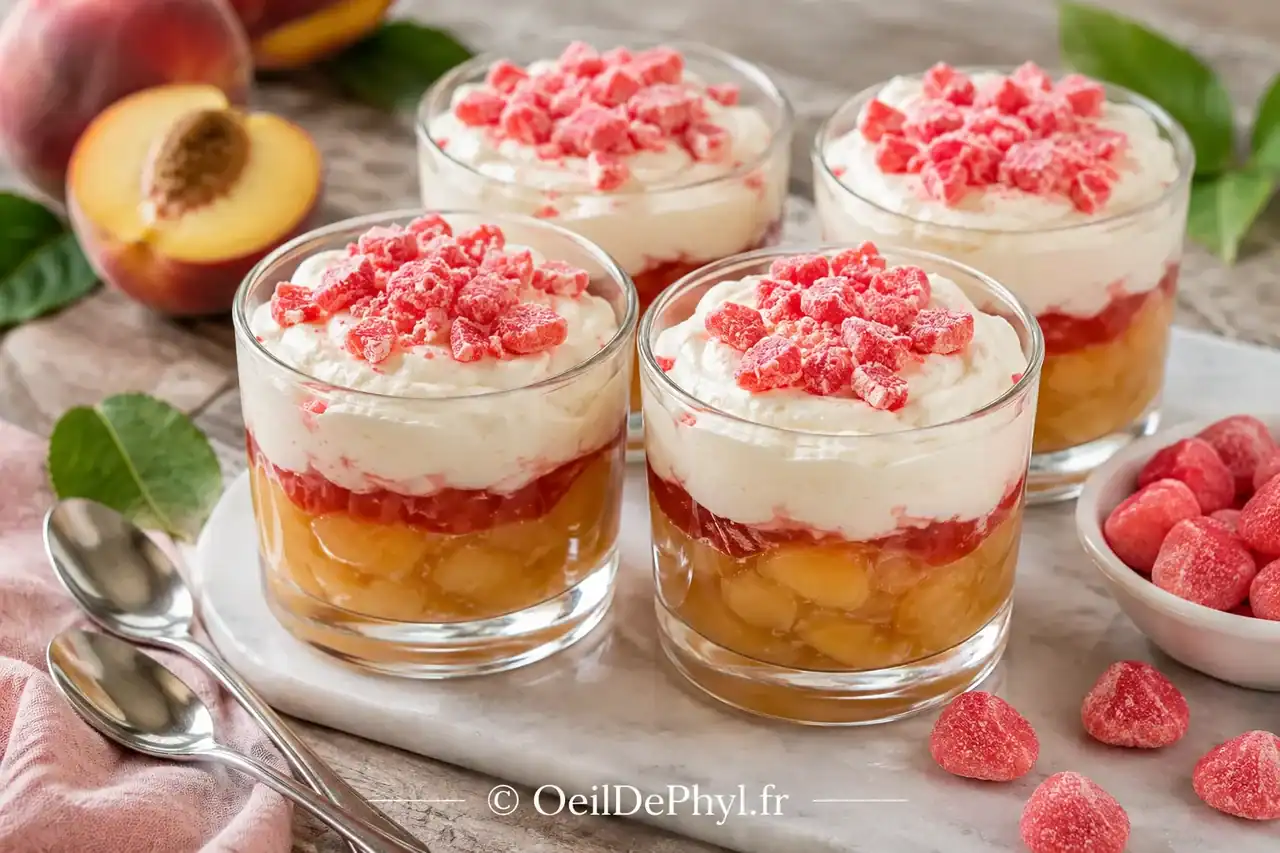 Compote de pêches en verrines, mousse mascarpone et fraises Tagada