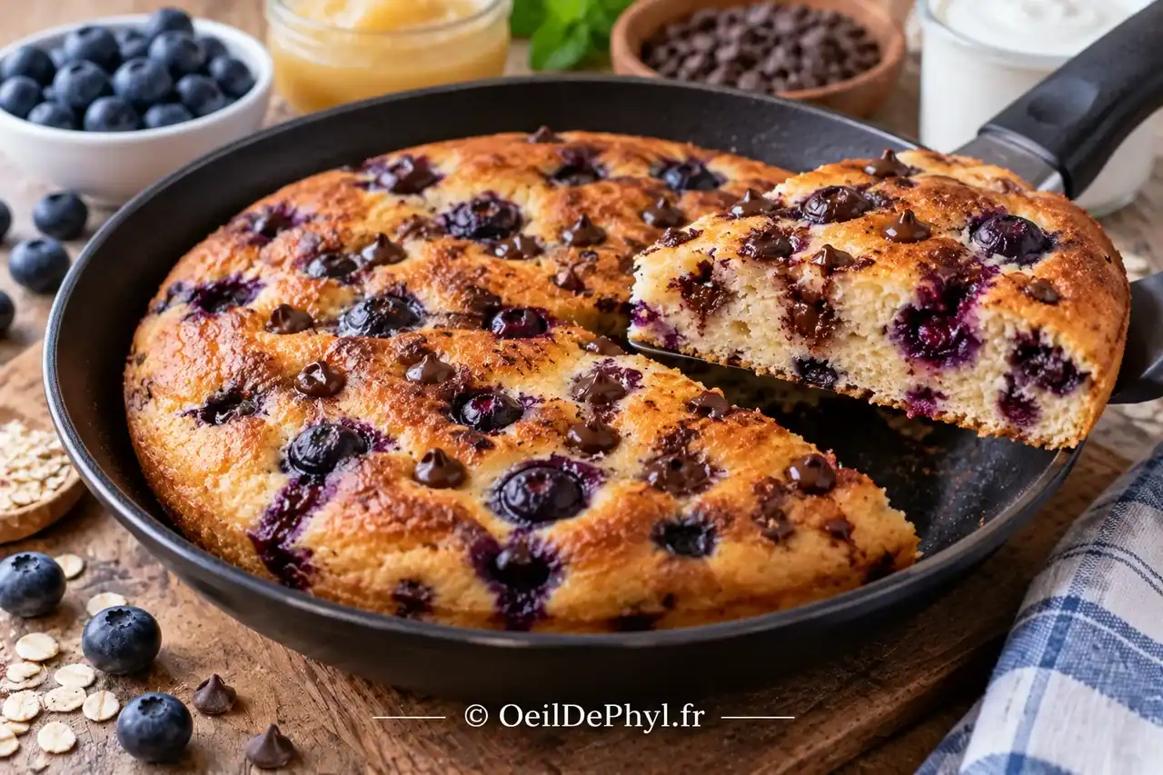 Gâteau à la poêle aux myrtilles et pépites de chocolat