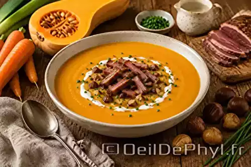 Soupe de carottes et butternut, magret de canard et marrons