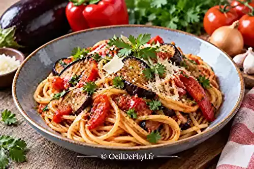 Spaghetti à l’aubergine, poivron et parmesan