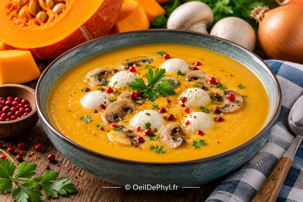 Velouté de potimarron aux champignons et mozzarella