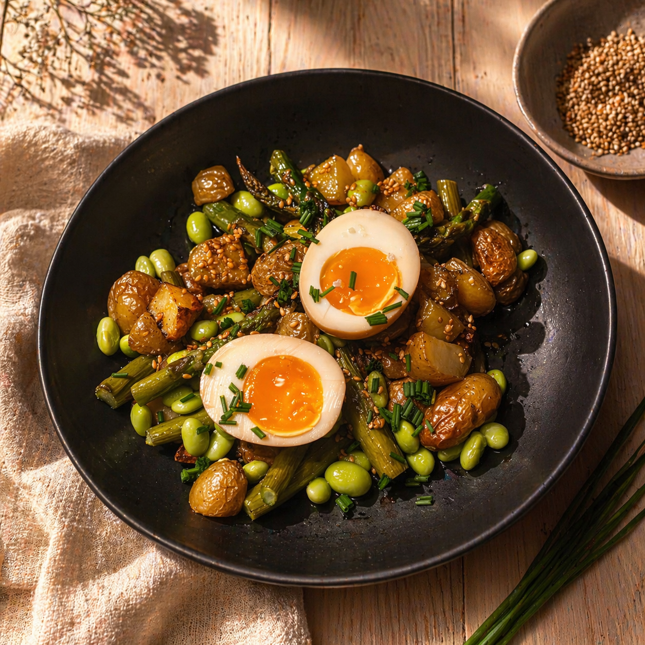 Salade tiède de pommes de terre grenailles, asperges et edamame
