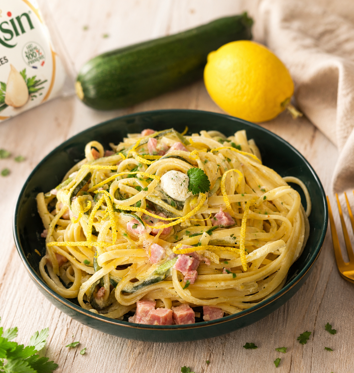 Linguine courgettes jambon citron boursin