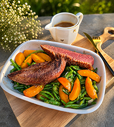 Magret de canard, fricassée de haricots verts aux abricots et sauce à l’orange