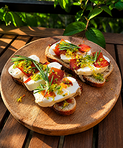 Bruschettas mozzarella, poutargue et agrumes