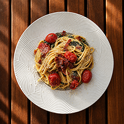 Pâtes tomates, épinards, bacon