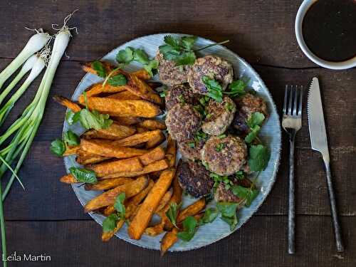 Fleischkiechle de canard sauce Teriaky et frites de patates douces au four