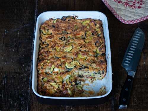 Bettelmann aux courgettes, olives noires, tomates confites et munster blanc