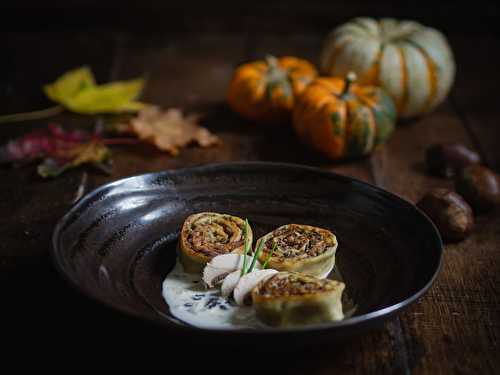 Fleischschnacka de champignons et châtaignes, sauce crémeuse à la truffe