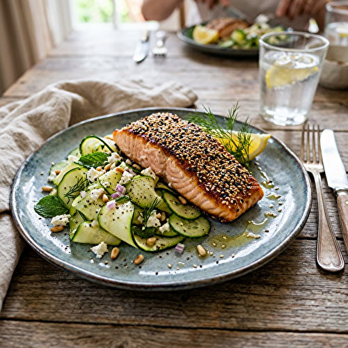 Pavé de Saumon Grillé au Sésame et salade folle aux courgettes