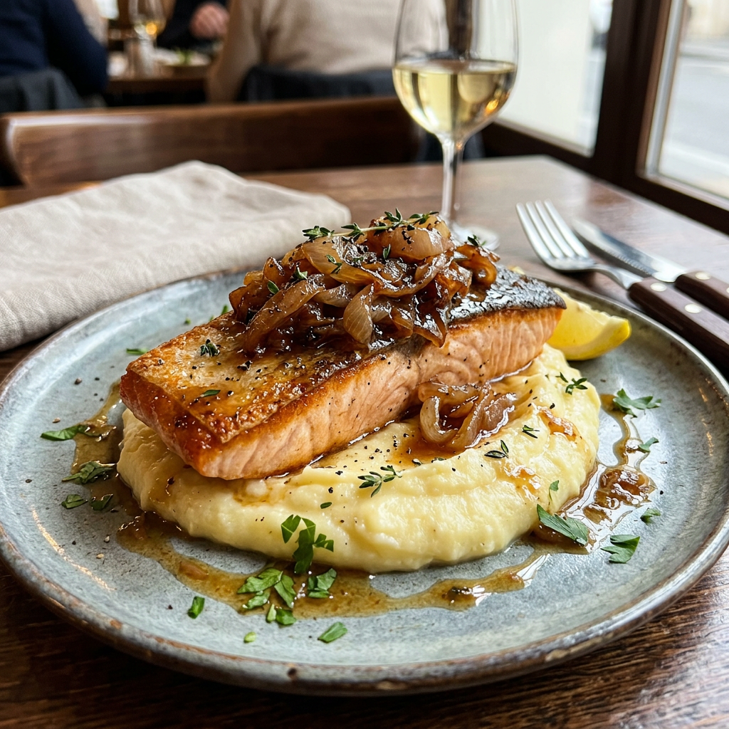 Pavé de saumon aux échalotes confites sur lit de purée
