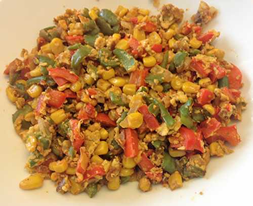 Scrambled eggs with bell peppers and corn