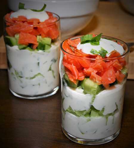Vertical cucumber and salmon salad