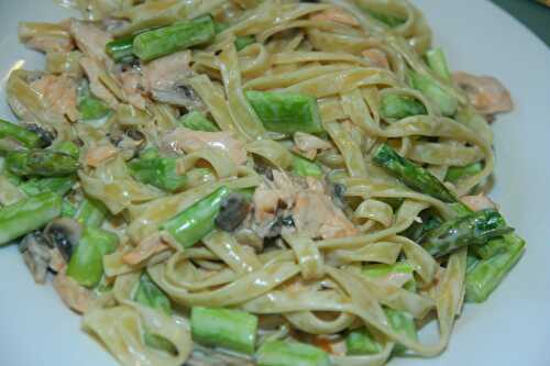 Creamy Pasta with Salmon, Asparagus and Mushrooms