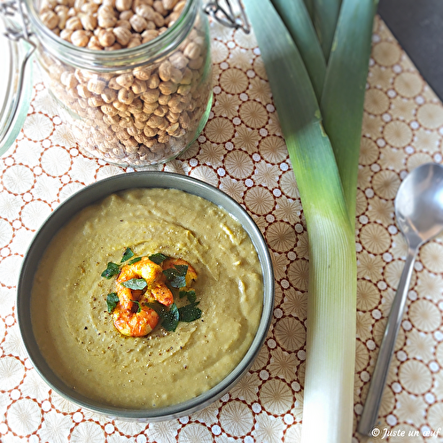 Crémeux de pois chiches au poireau et crevettes au curry