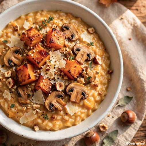 Risotto crémeux butternut, champignons et noisettes 