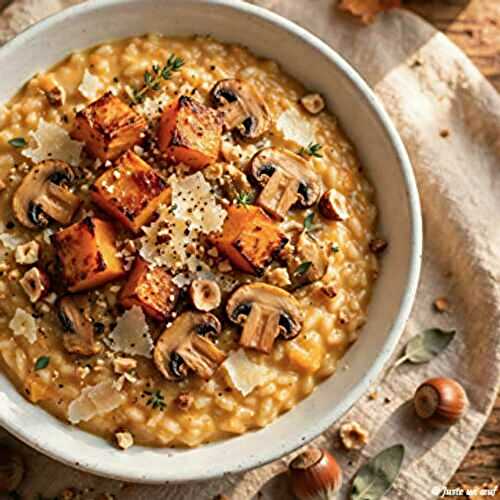 Risotto crémeux butternut, champignons et noisettes 