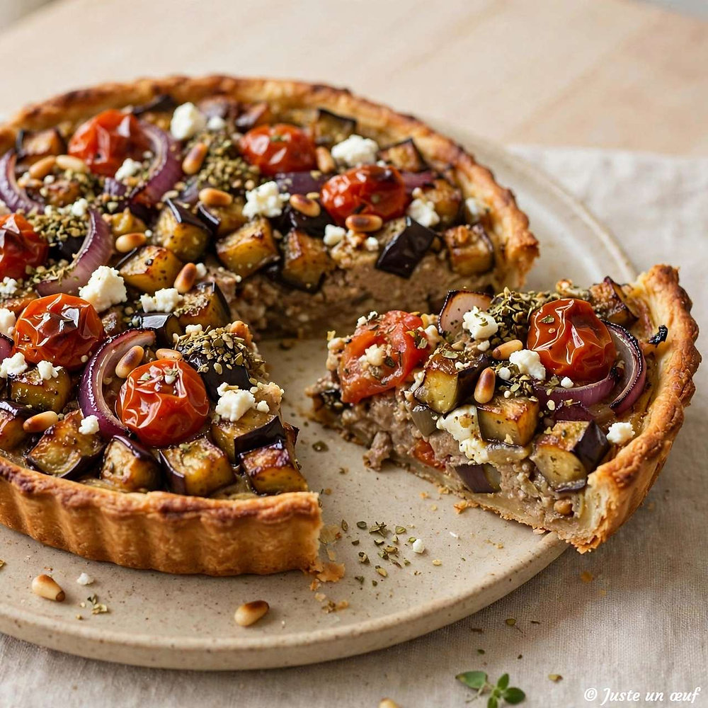 Tarte salée aubergine, feta et tomates confites 