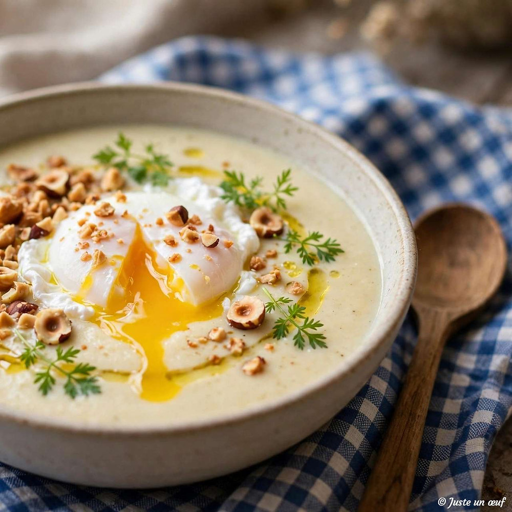 Velouté de panais rôti, noisettes et œuf parfait 