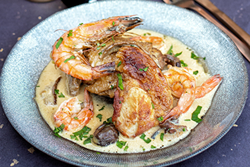 Poularde fermière d’Auvergne aux gambas