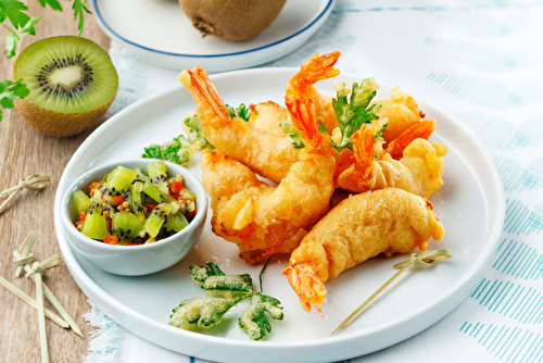 Tempura de gambas et chutney de kiwi Oscar