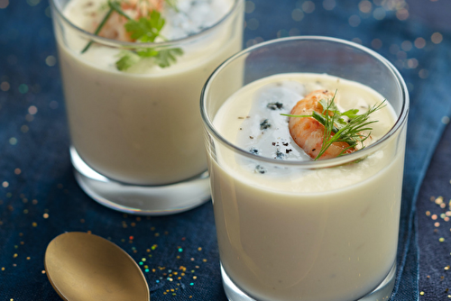 Velouté de topinambours à la crème de bleu Saint Agur et langoustines grillées