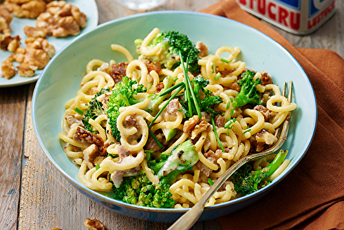 Spaghetti courts au chèvre, figues et brocoli