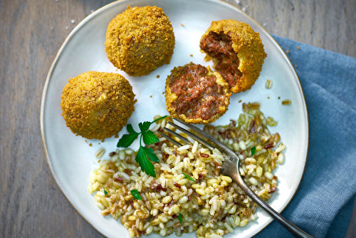 Boulettes d’agneau croustillantes à la Fleur de Sel Le Guérandais et mélange au riz complet façon risotto