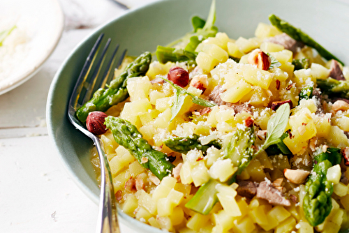 Risotto de pommes de terre à l’agneau et aux pointes d’asperges vertes