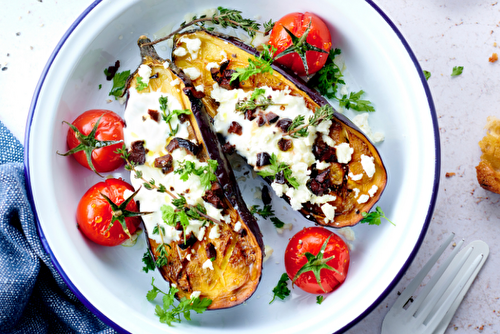 Aubergines rôties aux olives noires Tramier, yaourt grec et feta