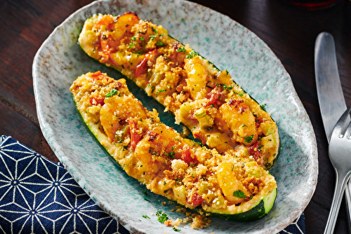 Courgettes gratinées aux crevettes en croûte de Panko