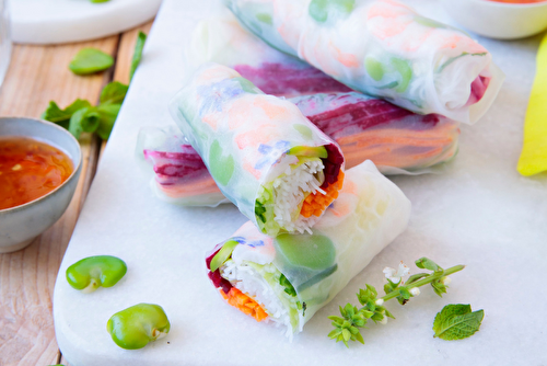 Summer rolls aux fèves et crevettes, carottes, betteraves crues, concombre et mini-pousses de petits pois