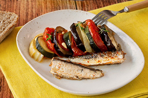 Tian de tomates rondes, courgettes, aubergines, thym, parmesan, pignons et Sardines Hyacinthe Parmentier