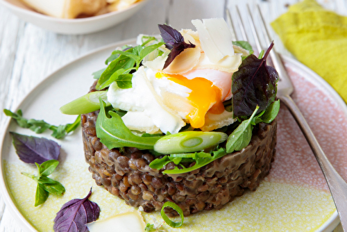 Risotto de lentilles vertes au Parmesan, échalotes, coriandre et œuf poché